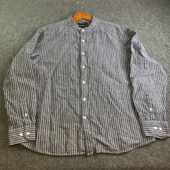 Banana Republic Shirt Mens Large Blue Button Linen Blend Stripe Band Collar - Picture 3 of 9